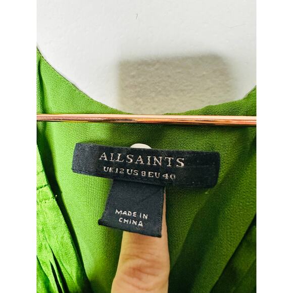 ALLSAINTS Estelle Green Satin Silk Long Sleeve Handkerchief Midi Dress Size 8 - Picture 7 of 14